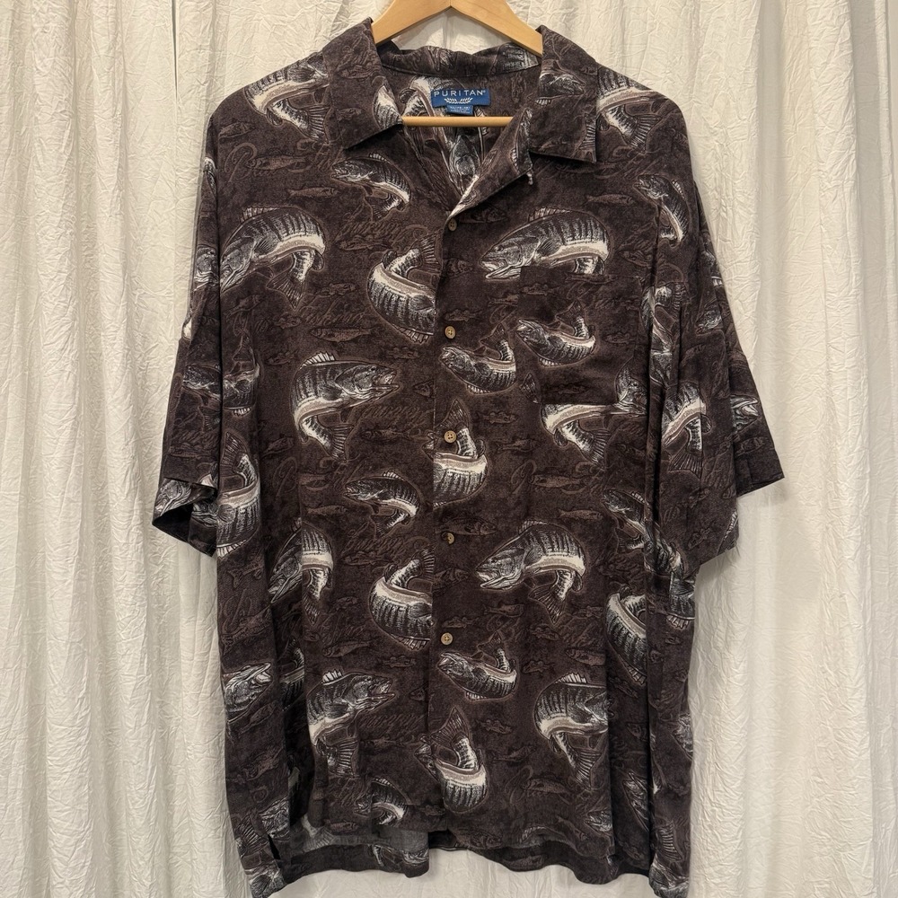 Puritan Men's XL‎ Short Sleeve Button Up Shirt Brown Fish Rayon Casual Vacation